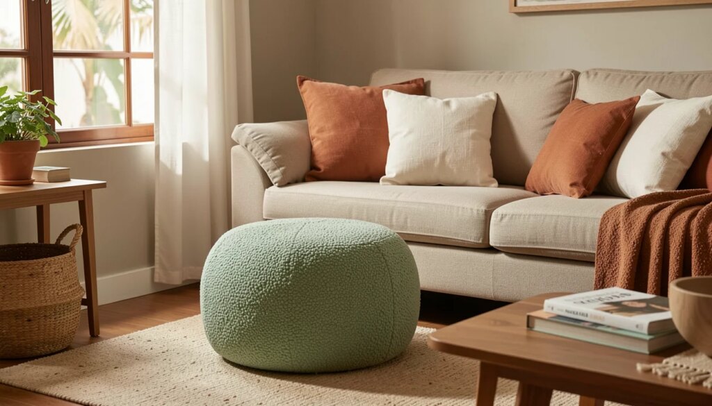 Decoração de sala com puffs e almofadas: como combinar cor, tecido e tamanho Sala decorada com puff verde-sálvia e almofadas off-white e terracota