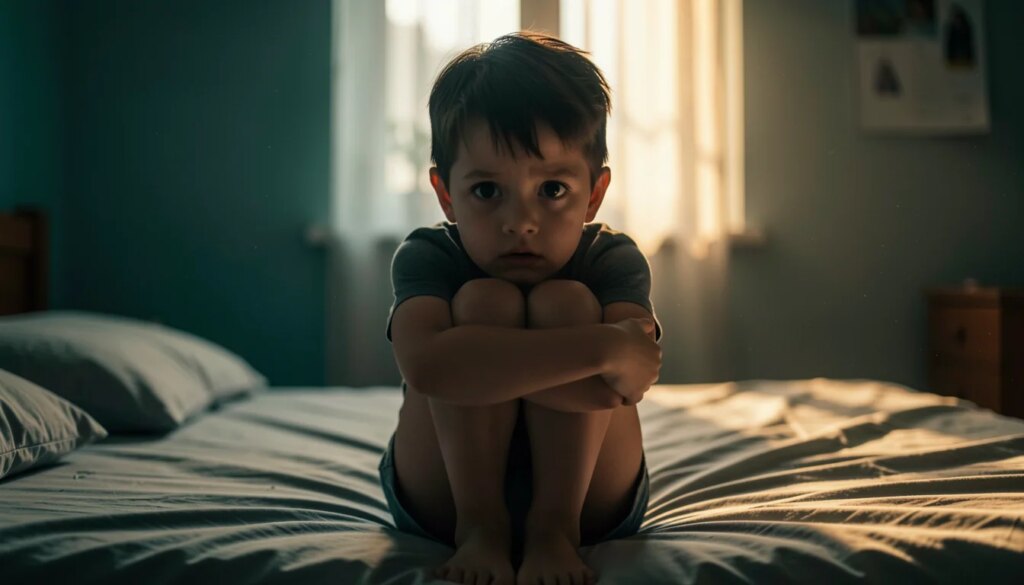 O Sexto Sentido ainda assusta: a psicologia por trás do terror que marcou gerações Menino assustado e sozinho em quarto escuro, expressão de medo e isolamento, clima de suspense psicológico.