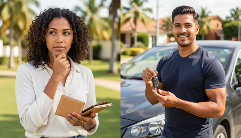 Empréstimo pessoal ou empréstimo com garantia: quais são as diferenças? Comparação entre empréstimo pessoal e com garantia: mulher com carteira e homem com chave do carro.