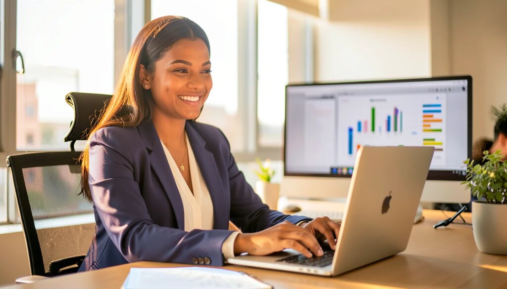 Profissional em escritório moderno usando laptop para automatizar processos de uma empresa B2B