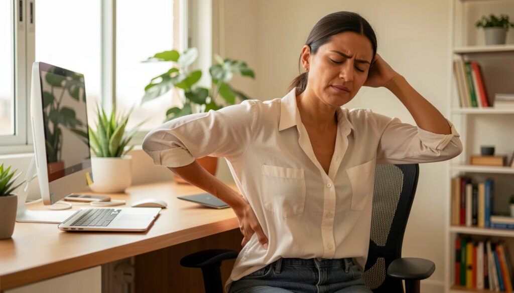 Mulher no trabalho sentada segurando a lombar com expressão de dor nas costas
