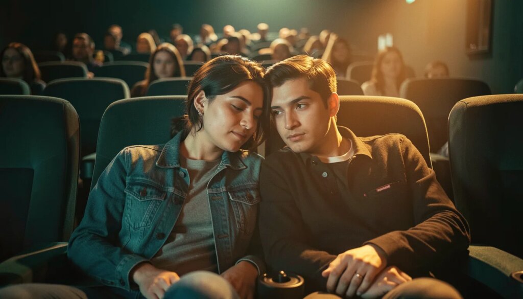 Diretores que Redefiniram o Romance no Cinema: Guia Crítico e Ordem de Maratona Casal jovem em cinema intimista, iluminado pelo feixe do projetor, com clima romântico e cinematográfico