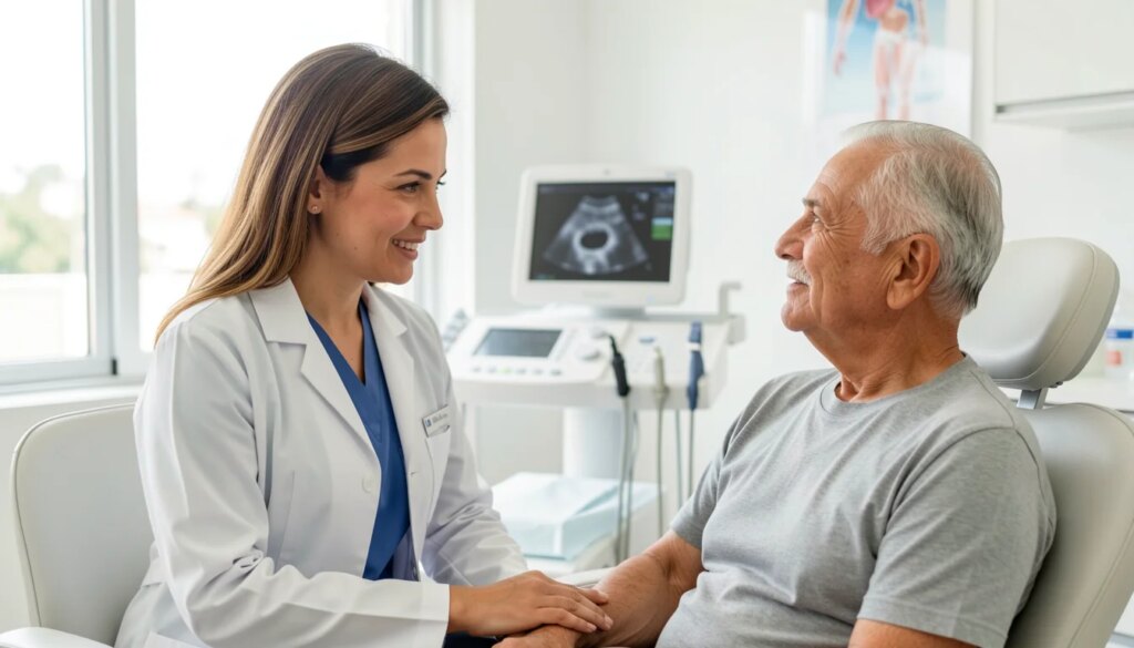 Exames definem tipos de colite e apontam tratamentos Médica gastroenterologista conversa com paciente em consultório iluminado sobre saúde intestinal