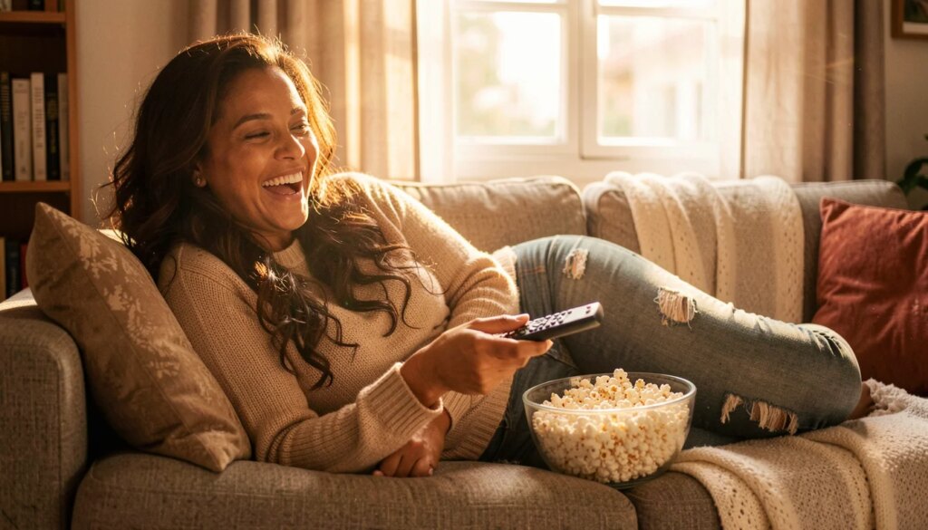 Sem Ideia do que Ver? As Séries que Bombaram em Setembro de 2016 e Onde Assistir Hoje Mulher relaxa no sofá com pipoca e controle, escolhendo série para maratonar em casa
