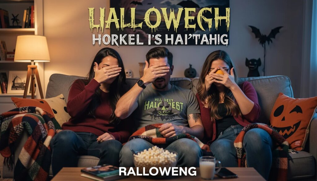 Amigos assistindo maratona de filmes de terror no Halloween, com pipoca e cobertas.